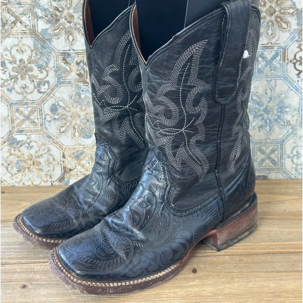 Tanner Mark Western Cowboy Boots Embossed Leather Kids 4 Black